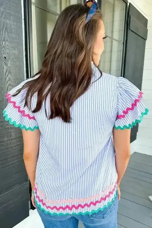 Sky Blue Striped Ruffled Sleeve Blouse Women UK | Rick Rack
