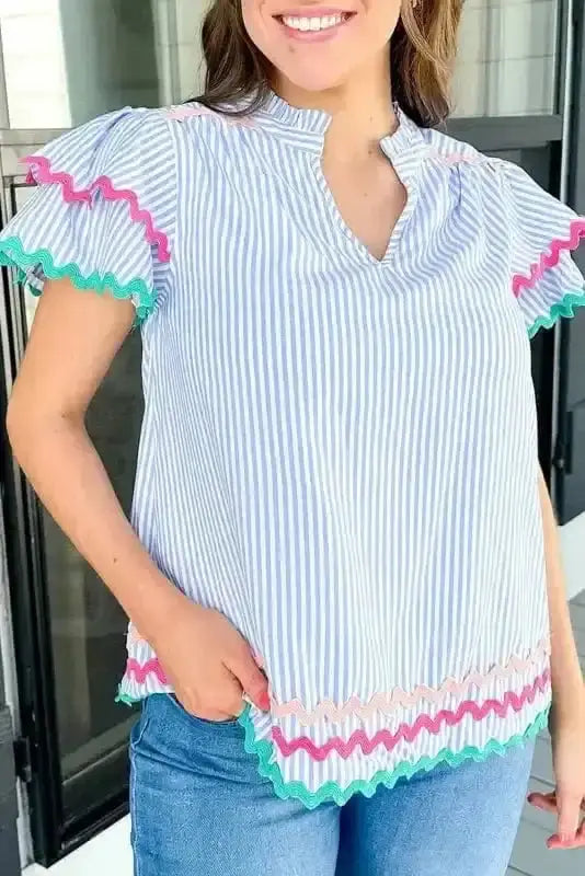 Sky Blue Striped Ruffled Sleeve Blouse Women UK | Rick Rack