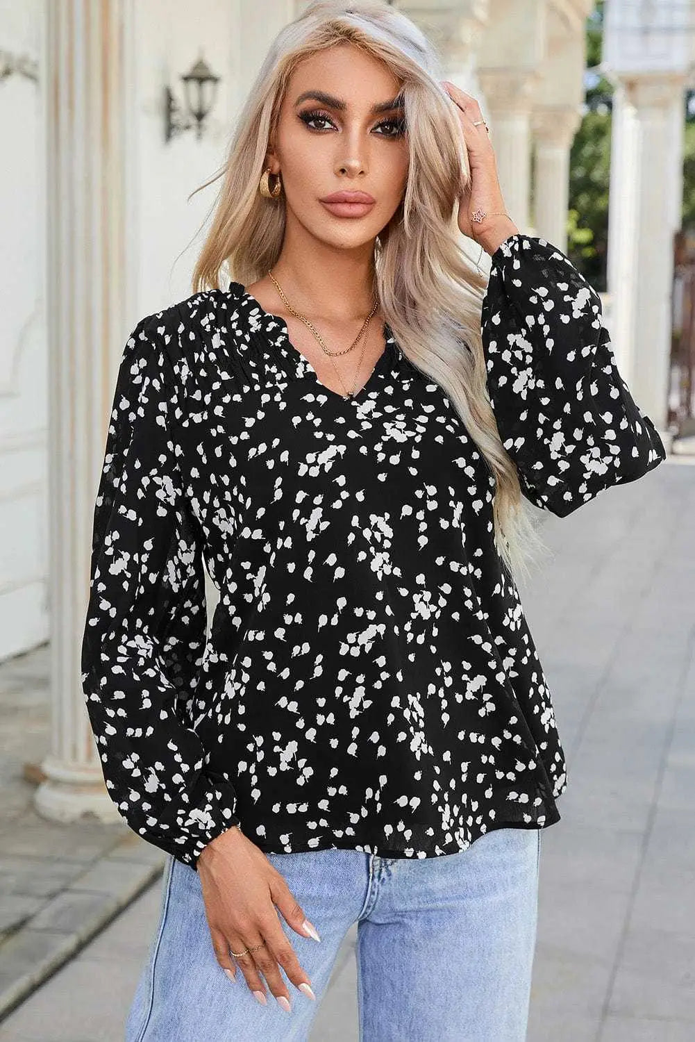 Floral Abstract Split Neck Crinkle Fabric Blouse Women UK