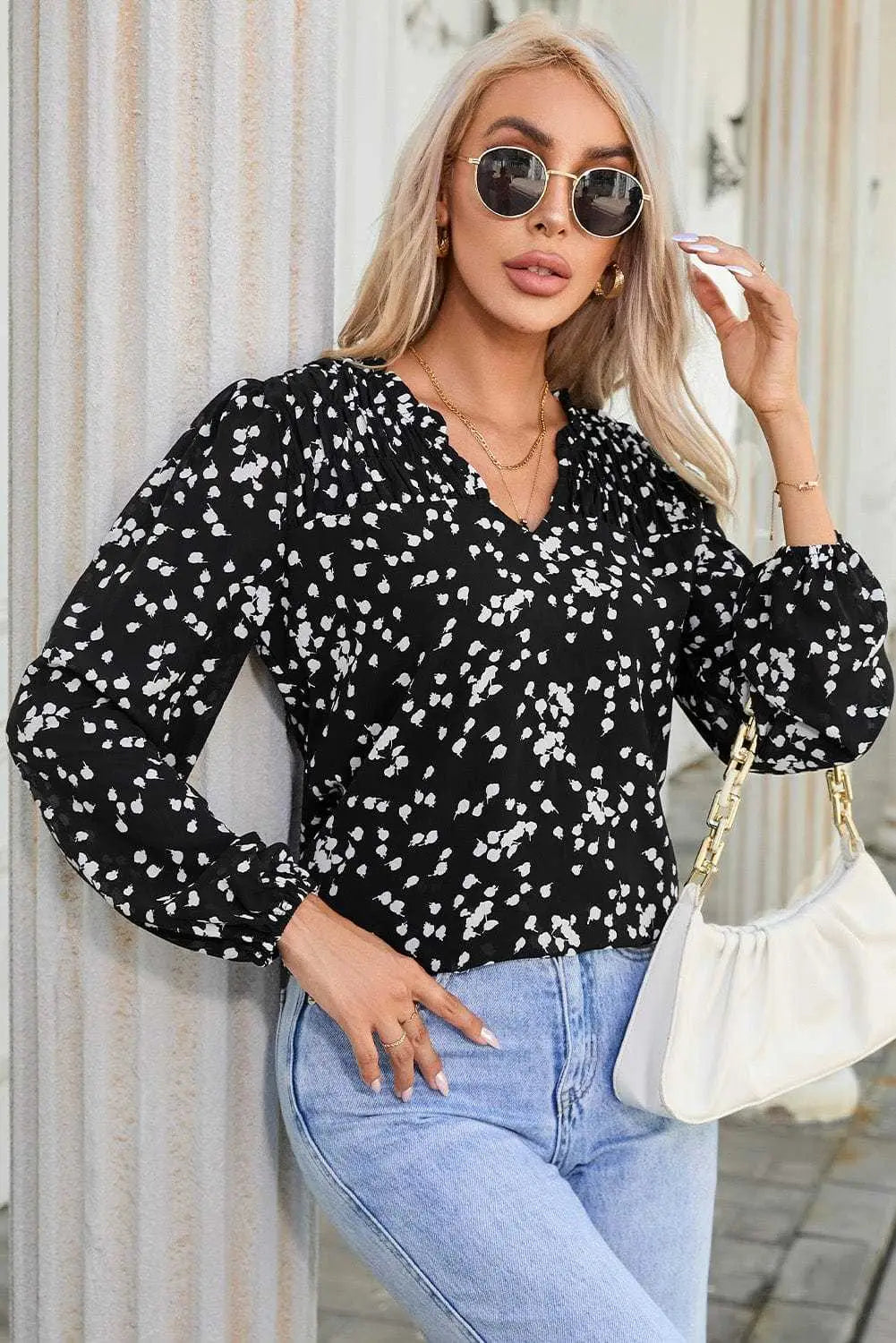 Floral Abstract Split Neck Crinkle Fabric Blouse Women UK