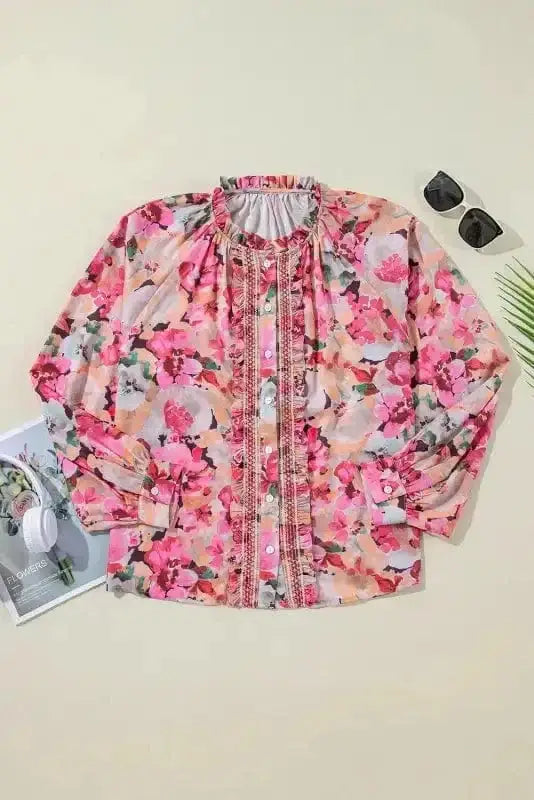 Pink Floral Ruffle Accent Flowy Blouse Women UK | Spring