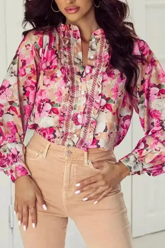 Pink Floral Ruffle Accent Flowy Blouse Women UK | Spring