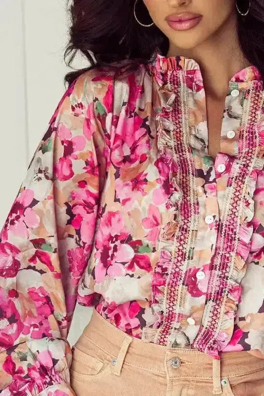 Pink Floral Ruffle Accent Flowy Blouse Women UK | Spring