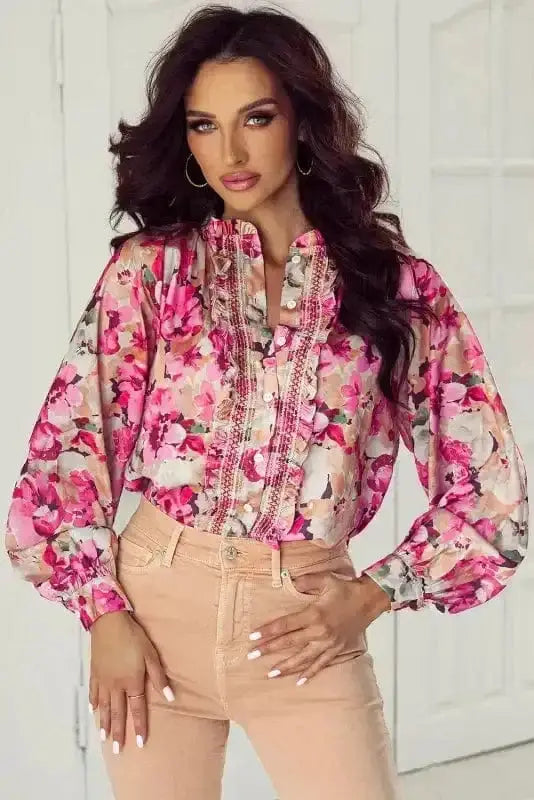 Pink Floral Ruffle Accent Flowy Blouse Women UK | Spring