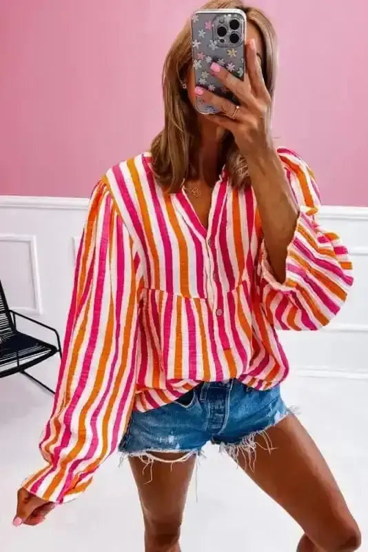 Striped Balloon Sleeve Textured Blouse Women UK | Summer