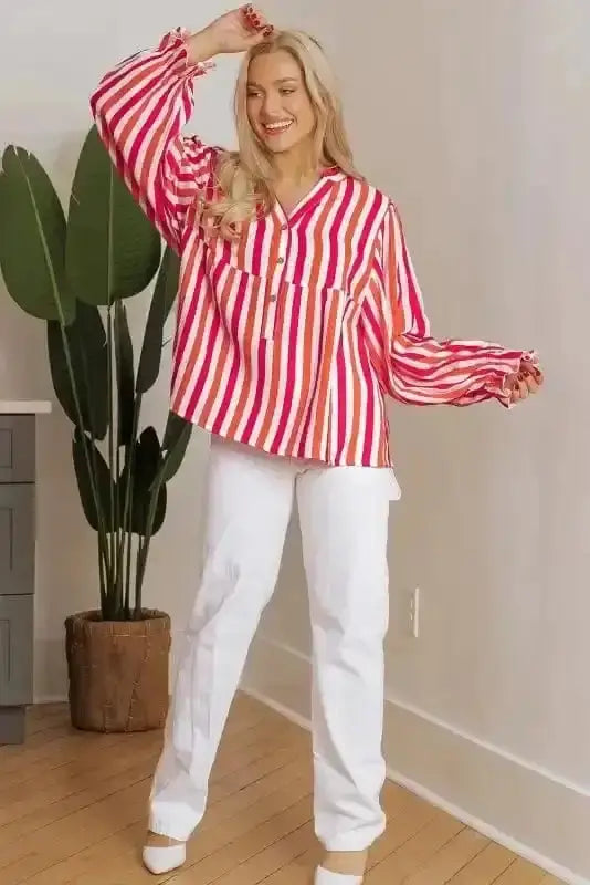 Striped Balloon Sleeve Textured Blouse Women UK | Summer