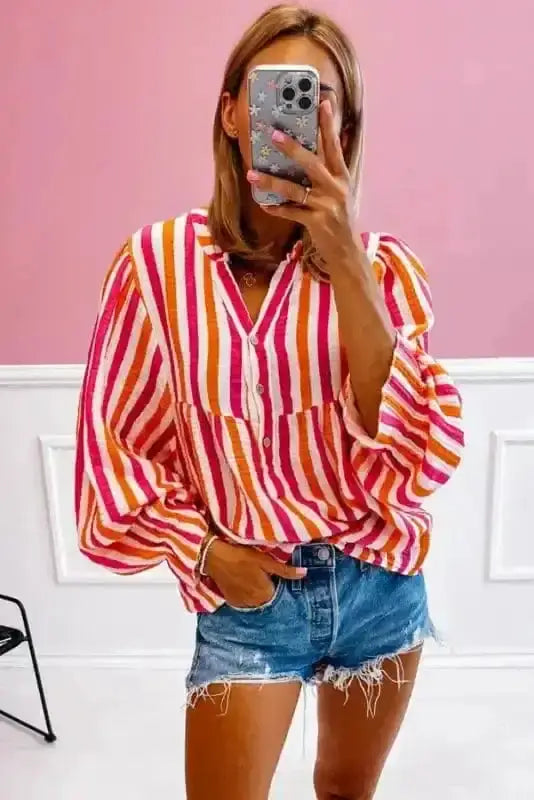 Striped Balloon Sleeve Textured Blouse Women UK | Summer