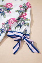White Floral Bubble Sleeve V-Neck Summer Blouse Women UK