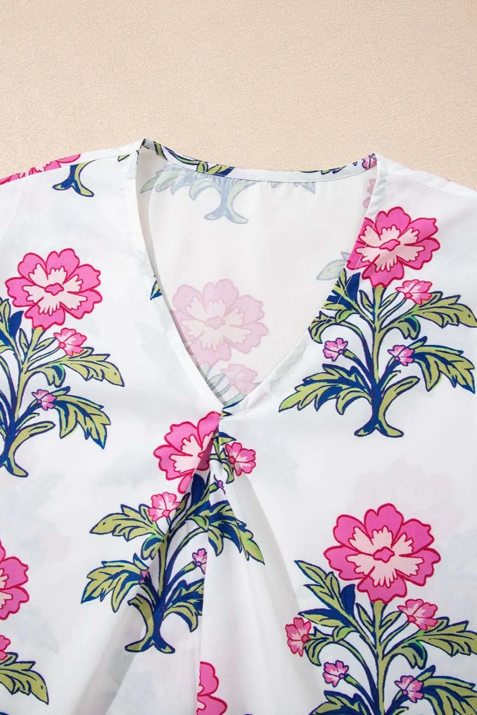 White Floral Bubble Sleeve V-Neck Summer Blouse Women UK