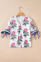 White Floral Bubble Sleeve V-Neck Summer Blouse Women UK