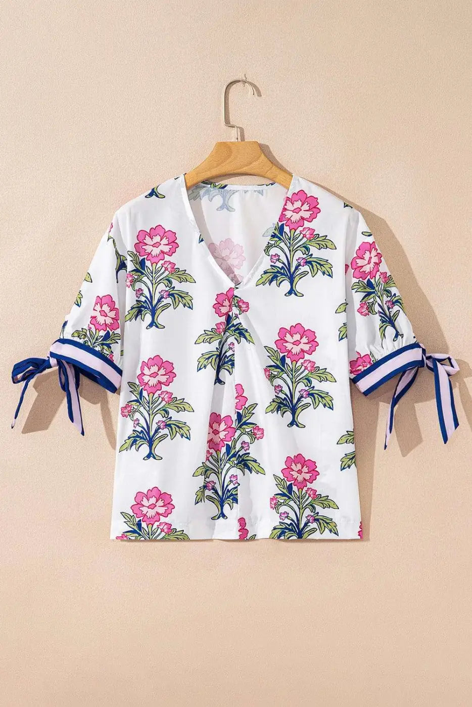 White Floral Bubble Sleeve V-Neck Summer Blouse Women UK