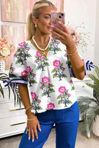White Floral Bubble Sleeve V-Neck Summer Blouse Women UK