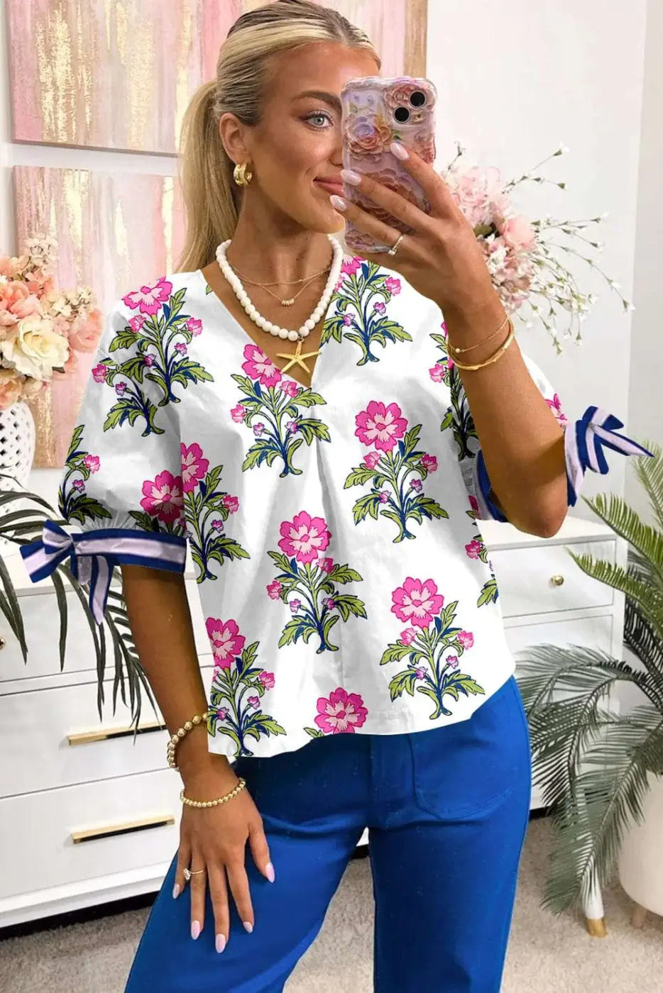 White Floral Bubble Sleeve V-Neck Summer Blouse Women UK