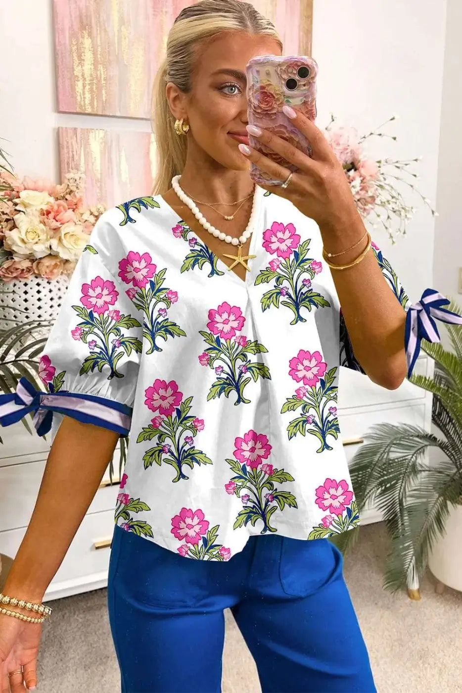 White Floral Bubble Sleeve V-Neck Summer Blouse Women UK