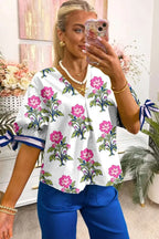 White Floral Bubble Sleeve V-Neck Summer Blouse Women UK