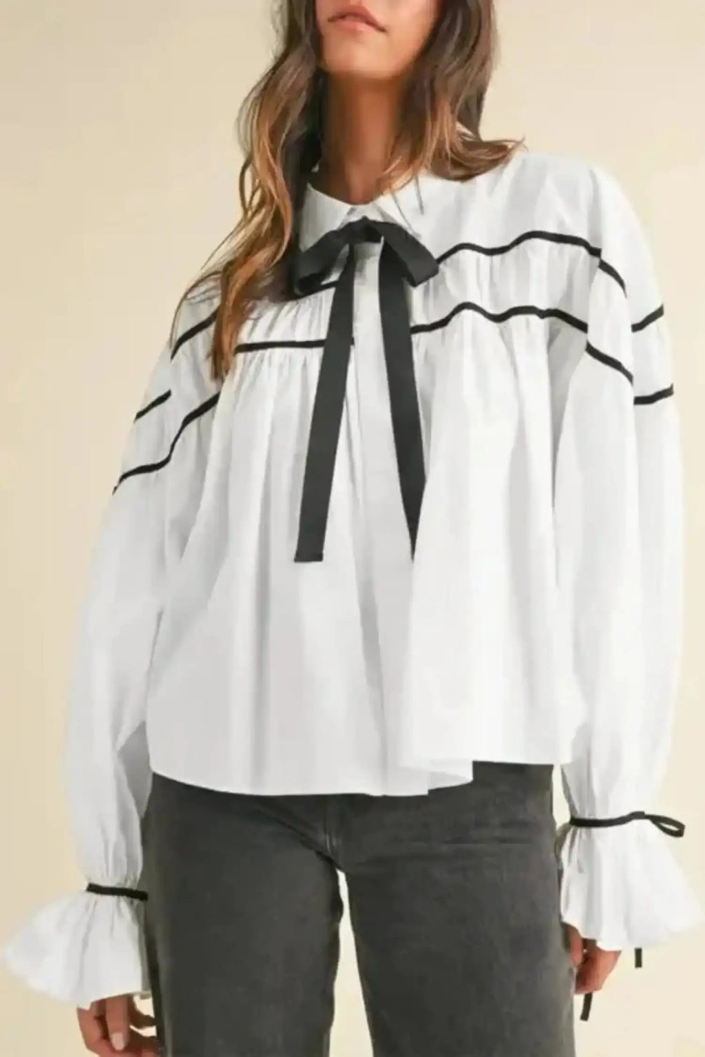 Monochrome Striped Bowtie Cotton Ruffle Blouse Women UK