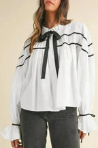 Monochrome Striped Bowtie Cotton Ruffle Blouse Women UK