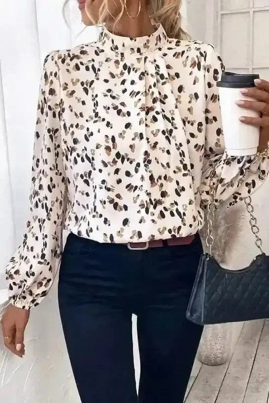 Leopard Print Mock Neck Puff Sleeve Pleated Blouse Women UK