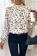Leopard Print Mock Neck Puff Sleeve Pleated Blouse Women UK