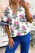 White Floral Bubble Sleeve V-Neck Summer Blouse Women UK