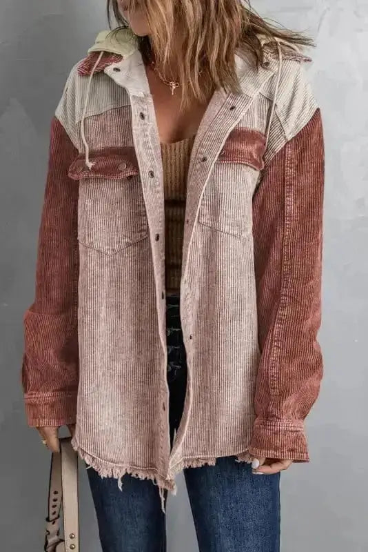 Color Block Hooded Corduroy Jacket Women UK