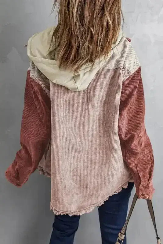 Color Block Hooded Corduroy Jacket Women UK