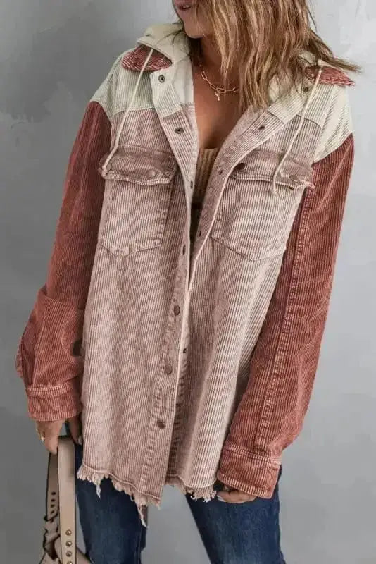 Color Block Hooded Corduroy Jacket Women UK