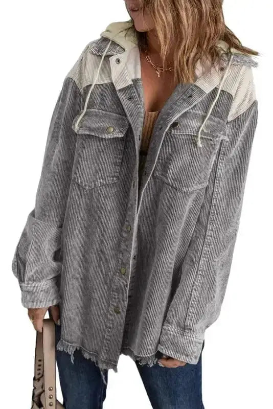 Color Block Hooded Corduroy Jacket Women UK
