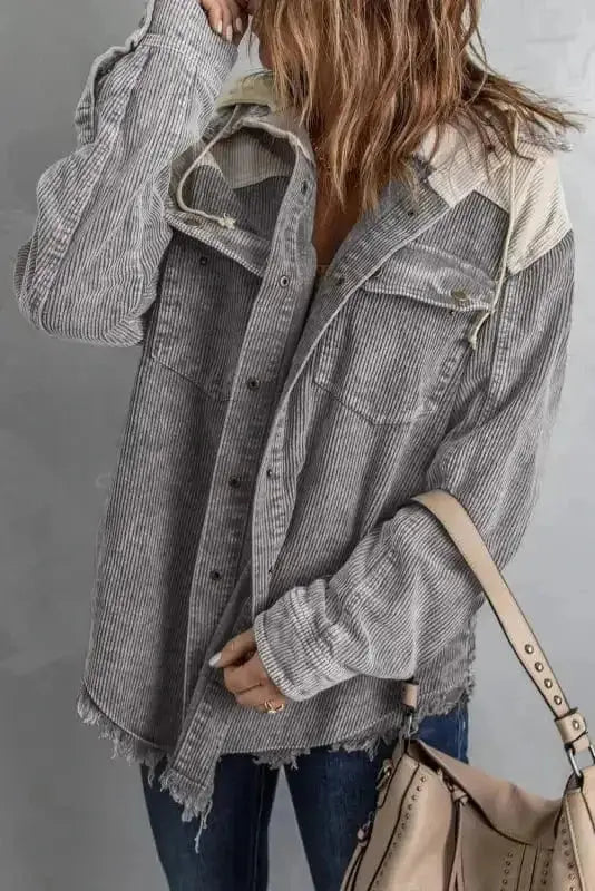 Color Block Hooded Corduroy Jacket Women UK