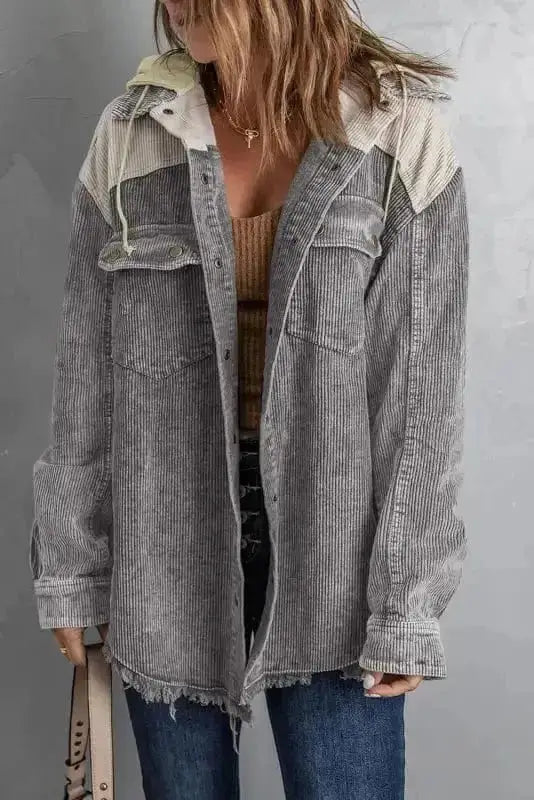 Color Block Hooded Corduroy Jacket Women UK