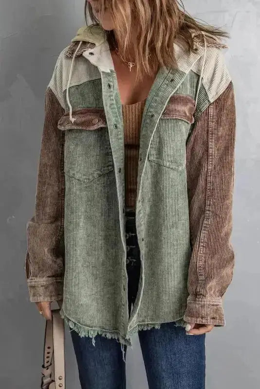 Color Block Hooded Corduroy Jacket Women UK