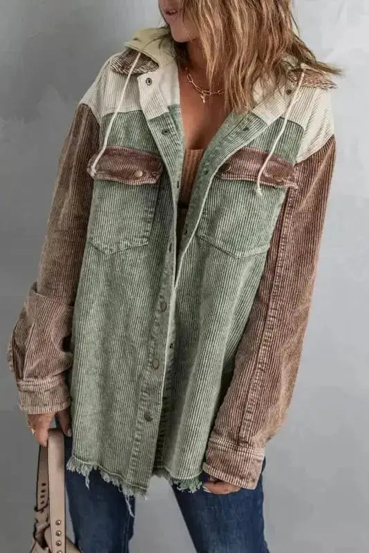 Color Block Hooded Corduroy Jacket Women UK