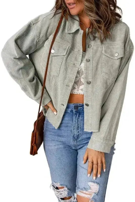 Sky Blue Raw Hem Cropped Corduroy Jacket Women UK