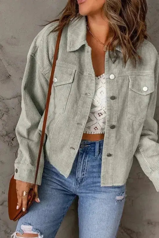 Sky Blue Raw Hem Cropped Corduroy Jacket Women UK