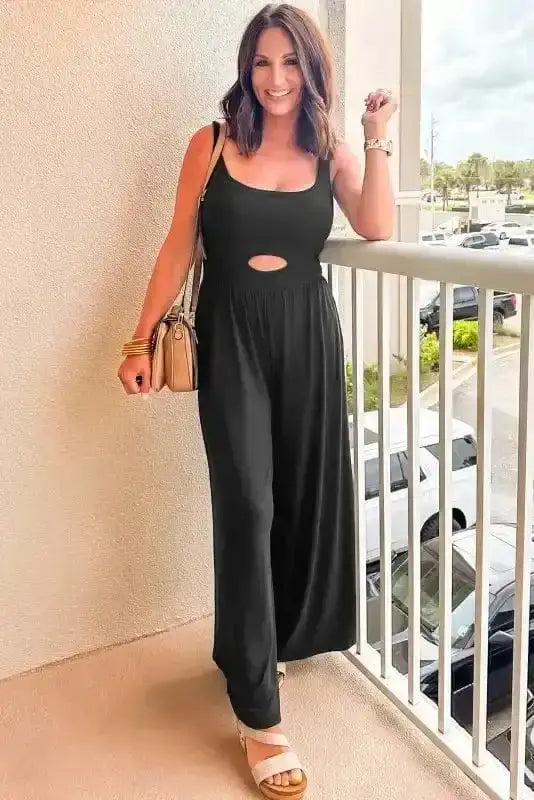Peekaboo Wide Leg Jumpsuit - Black Square Neck Sleeveless