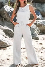 Silver Drift Sleeveless Drawstring Jumpsuit with Cut-Out Detail
