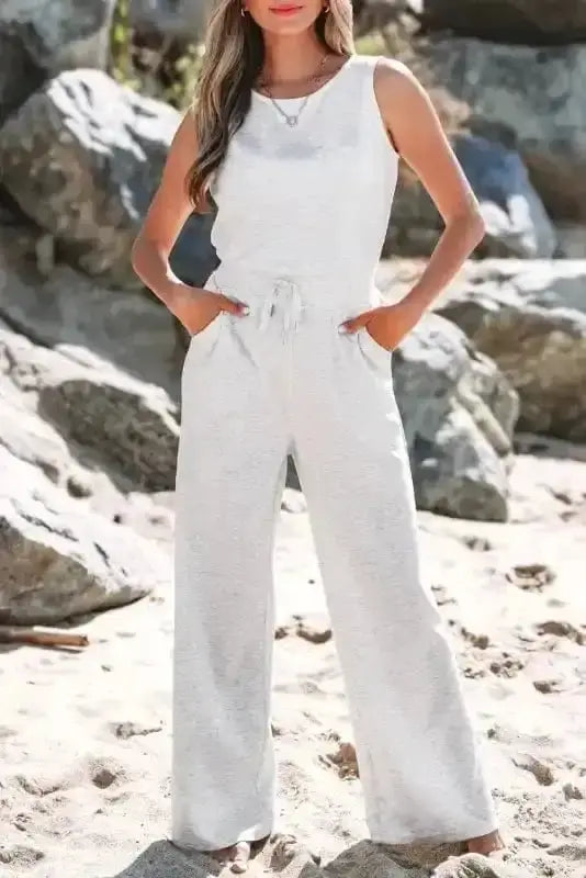 Silver Drift Sleeveless Drawstring Jumpsuit with Cut-Out Detail