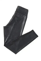 Black Crossed Waist High Rise Leather Look Leggings