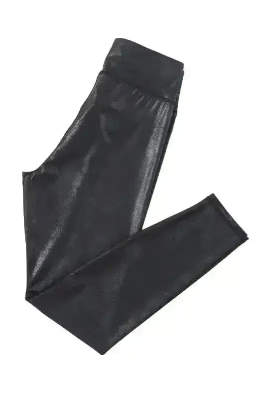 Black Crossed Waist High Rise Leather Look Leggings