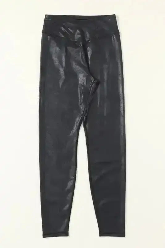 Black Crossed Waist High Rise Leather Look Leggings