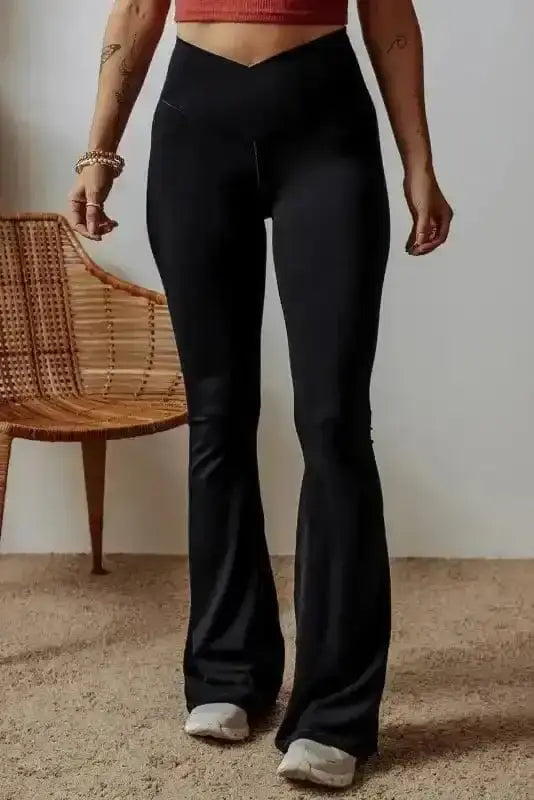 Black V-Waist Flared Leggings