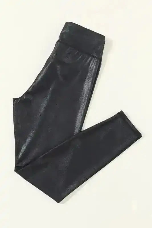 Black Crossed Waist High Rise Leather Look Leggings