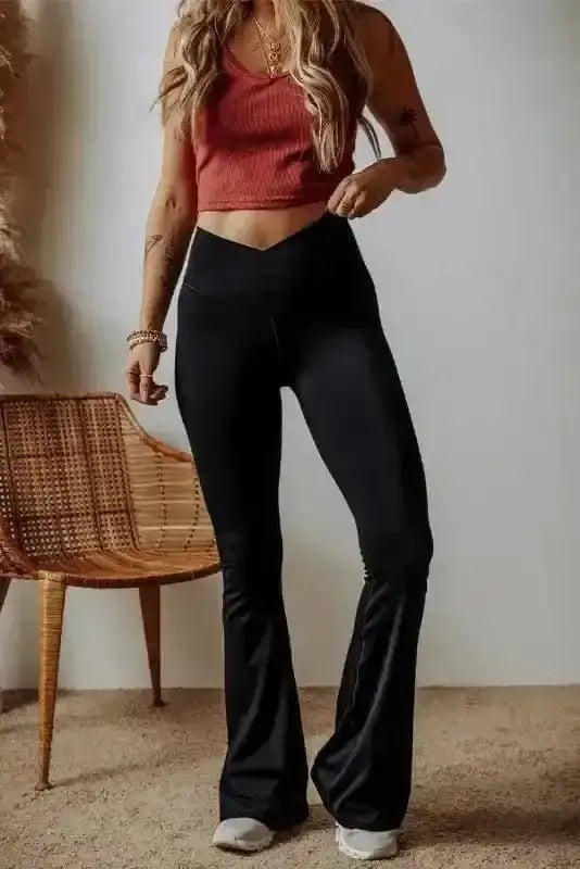 Black V-Waist Flared Leggings