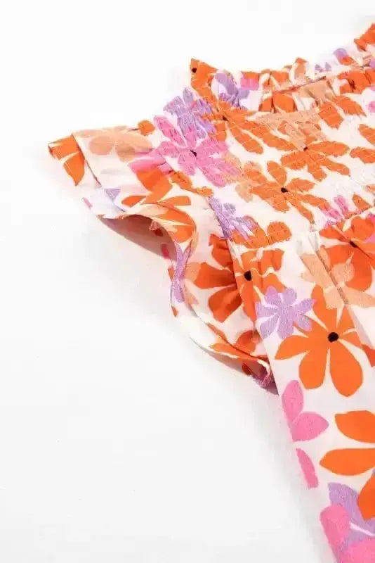 Orange Floral Smocked Ruffle Short Sleeve Blouse Women UK