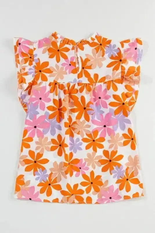 Orange Floral Smocked Ruffle Short Sleeve Blouse Women UK