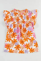 Orange Floral Smocked Ruffle Short Sleeve Blouse Women UK