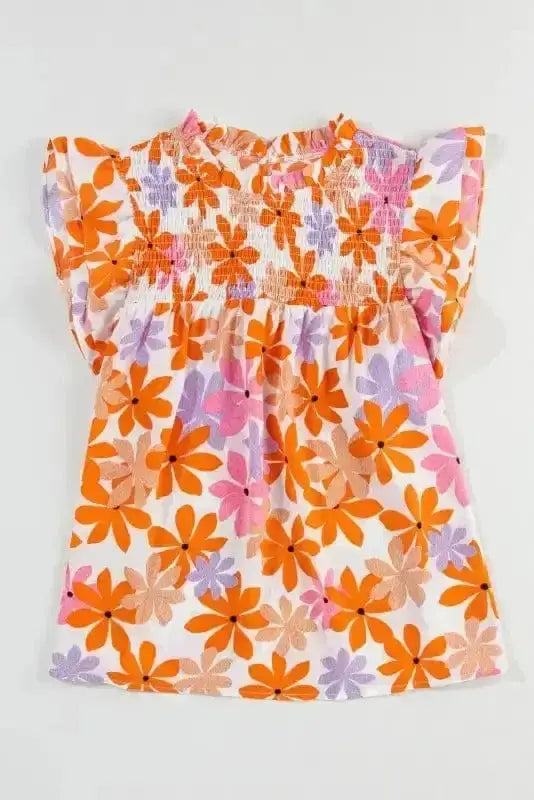 Orange Floral Smocked Ruffle Short Sleeve Blouse Women UK