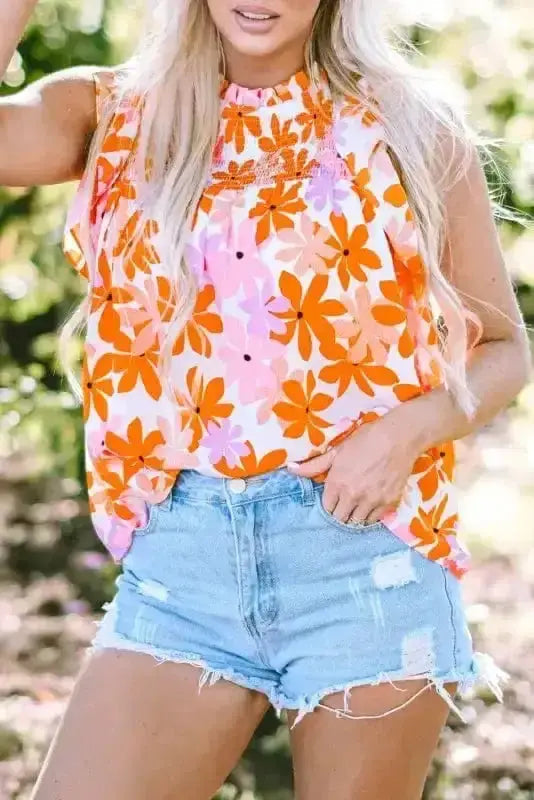 Orange Floral Smocked Ruffle Short Sleeve Blouse Women UK