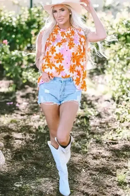 Orange Floral Smocked Ruffle Short Sleeve Blouse Women UK