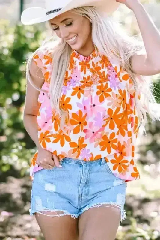 Orange Floral Smocked Ruffle Short Sleeve Blouse Women UK